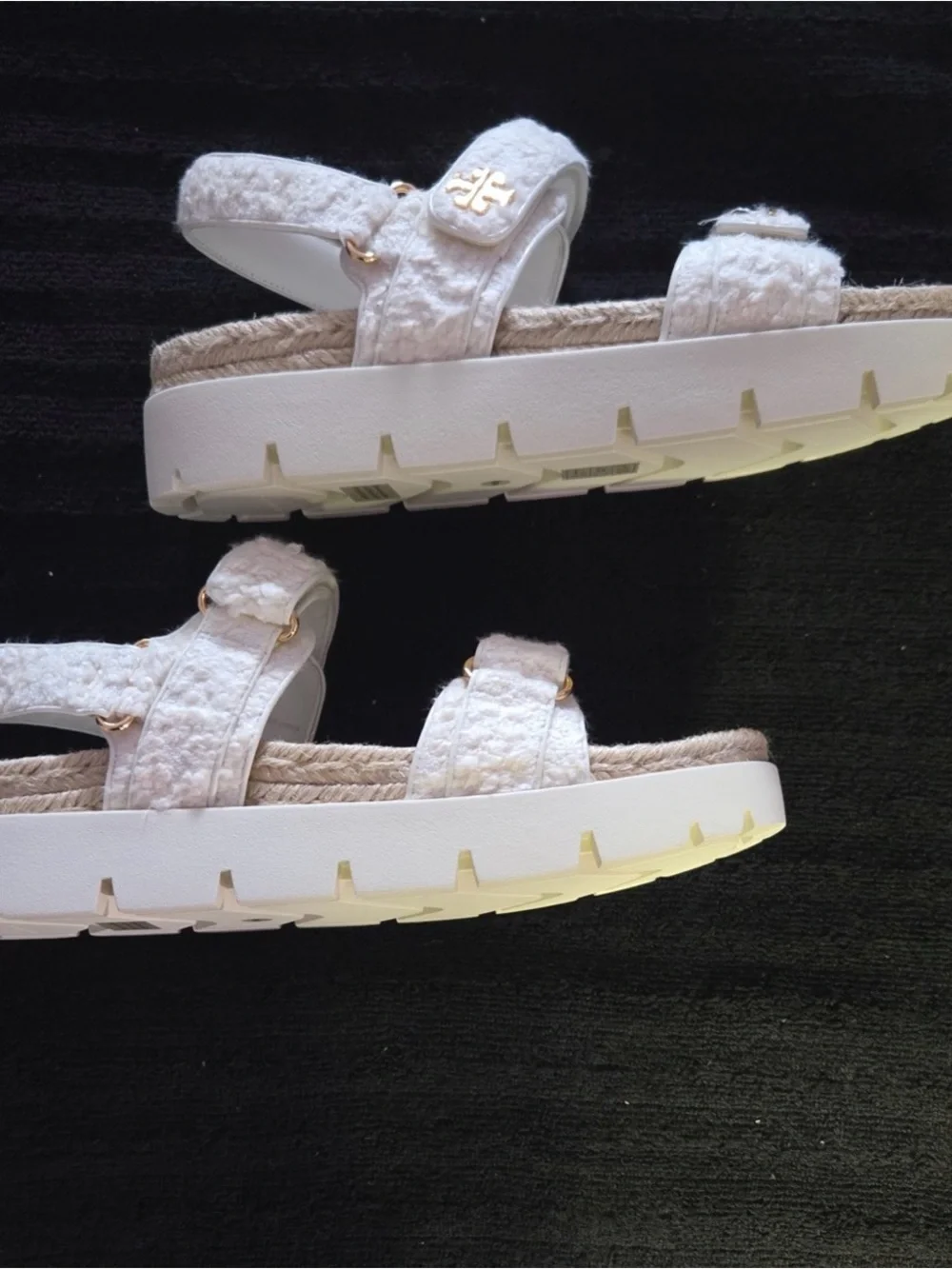 Tory Burch Cream Terry Cloth Double-Strap Sandals with Gold Logo